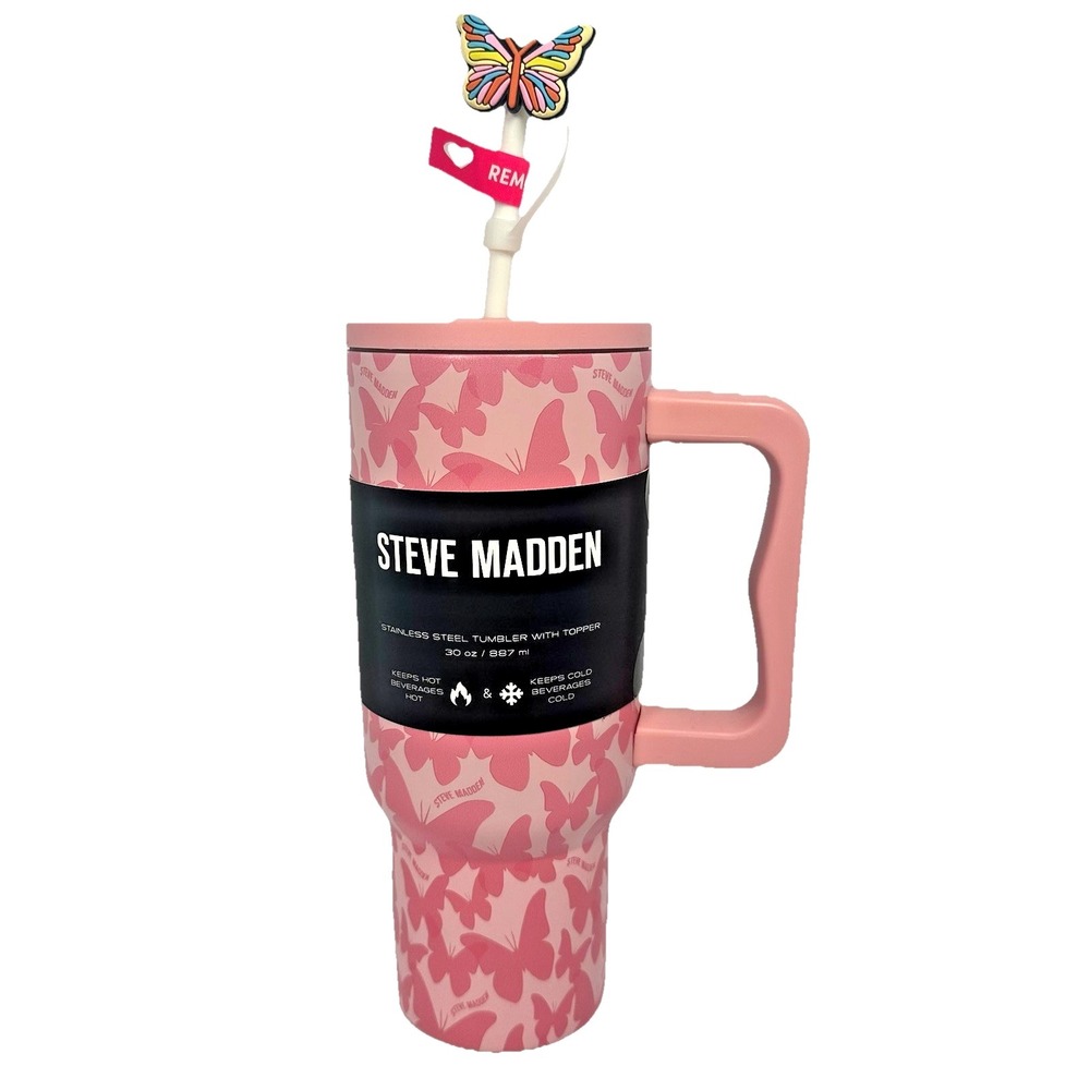 Steve Madden Pink Butterfly 30 Oz Stainless Steel Tumbler Cup Straw Handle NEW